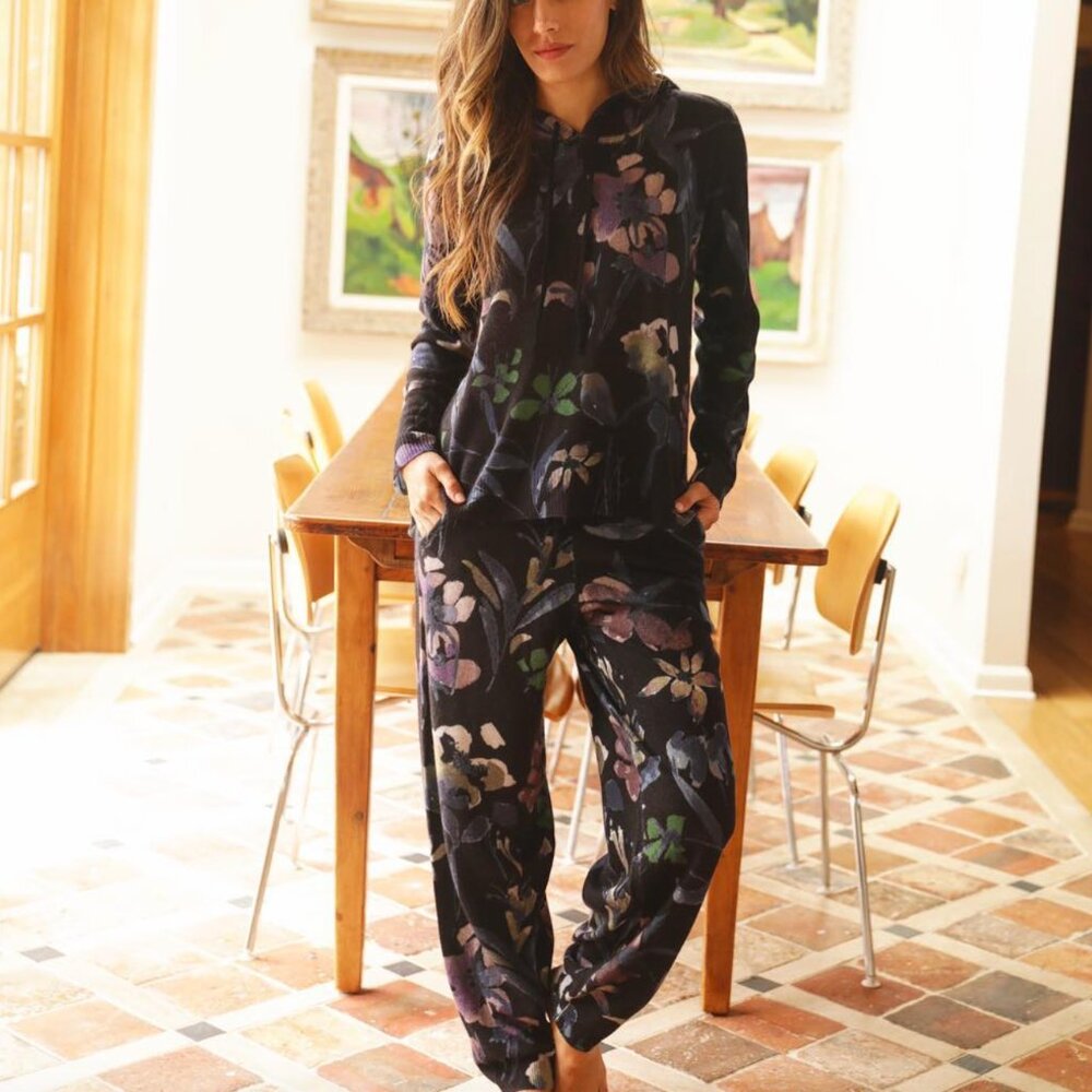 Oats Cashmere 100% Cashmere Hailey Black Floral Jogger Black Size XS